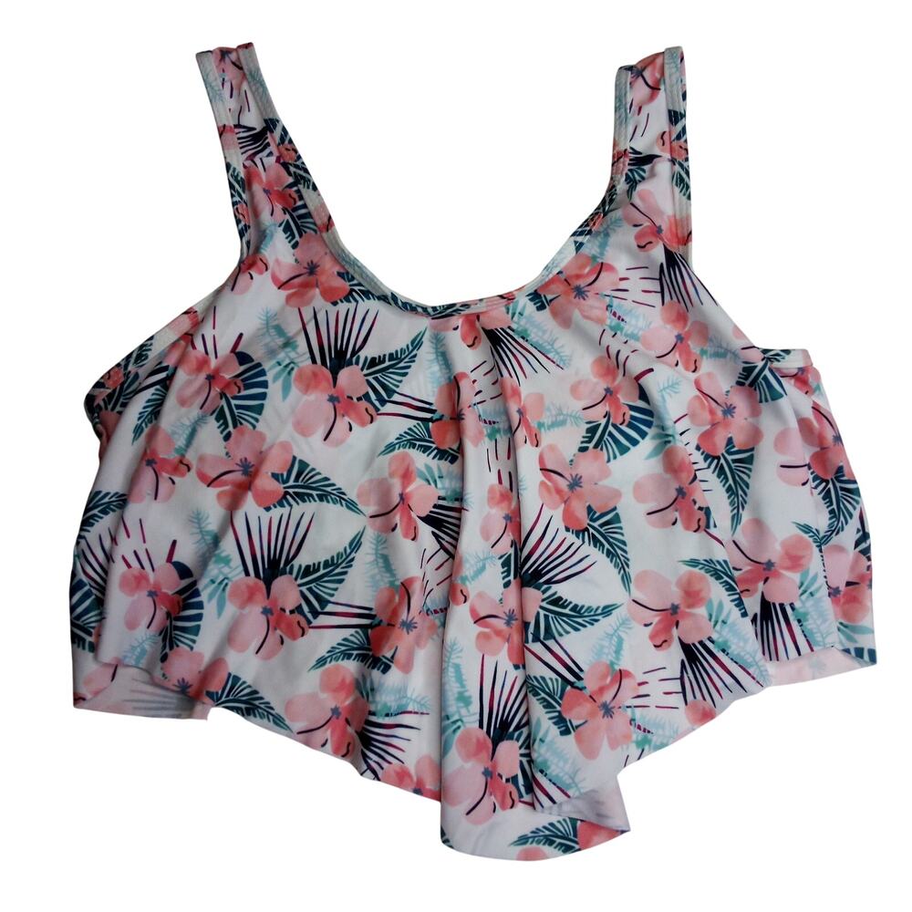 Pink & Blue Floral Tankini Swim Top L - Ruffled Peplum, Adjustable Tie Straps